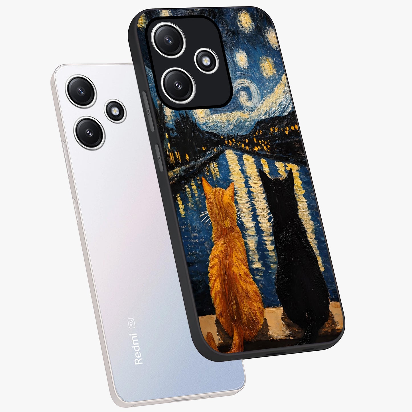 Starry River Cats Glass Case displayed in angled mockup highlighting charming feline illustration with dreamy night aesthetic.