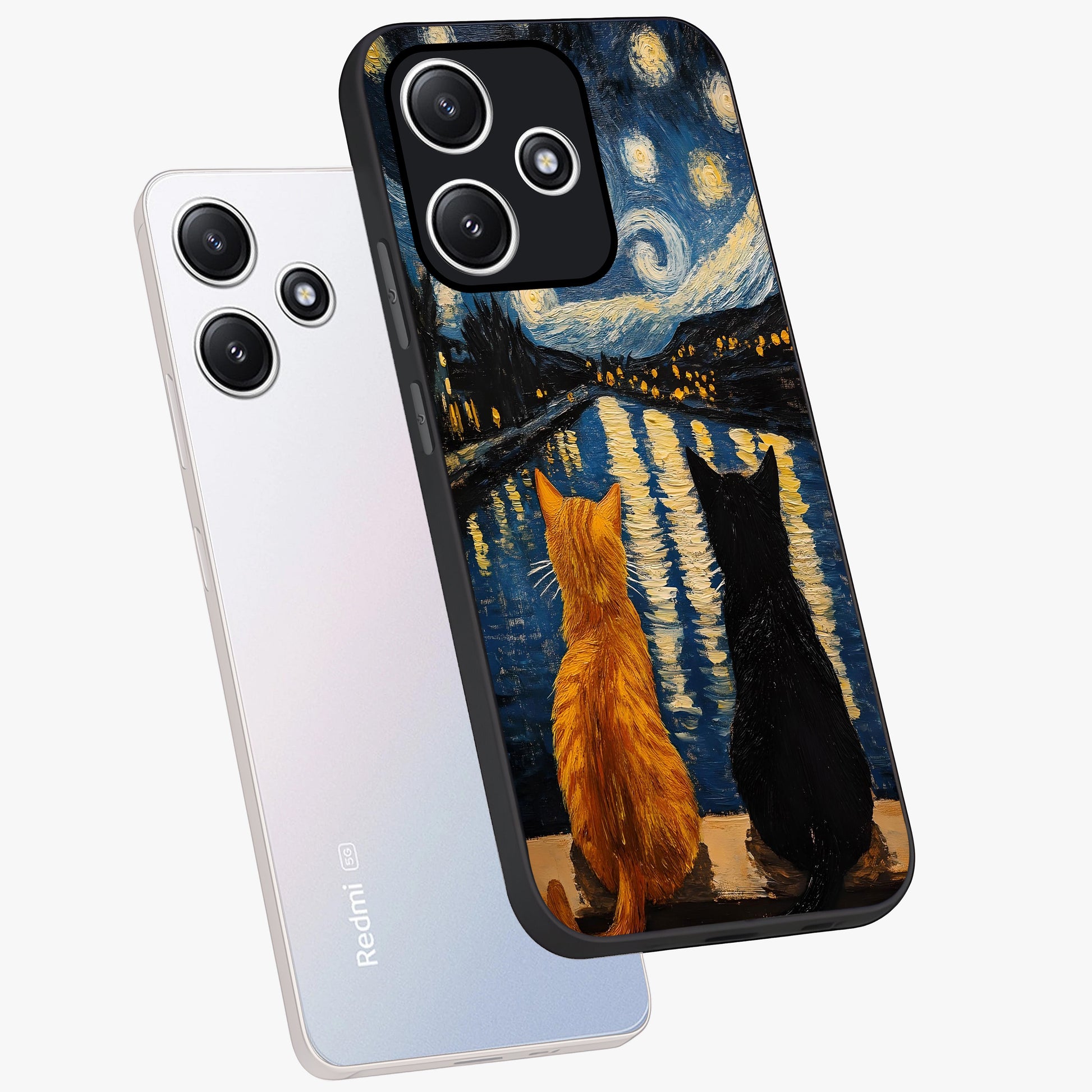 Starry River Cats Glass Case displayed in angled mockup highlighting charming feline illustration with dreamy night aesthetic.