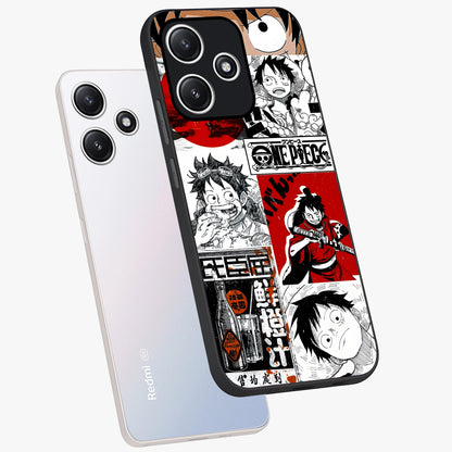 Strawhat Chaos Panels Glass Case displayed in angled mockup highlighting vibrant anime collage design with action aesthetic.