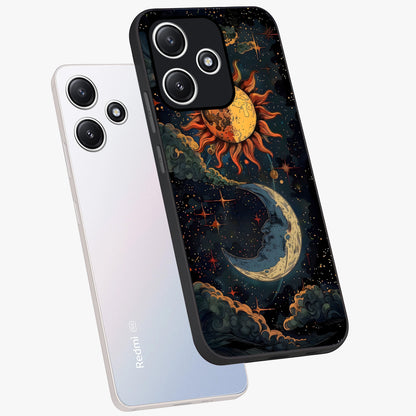 Sun And Moon Magic Design Glass Case displayed in angled mockup highlighting celestial design with magical cosmic aesthetic.