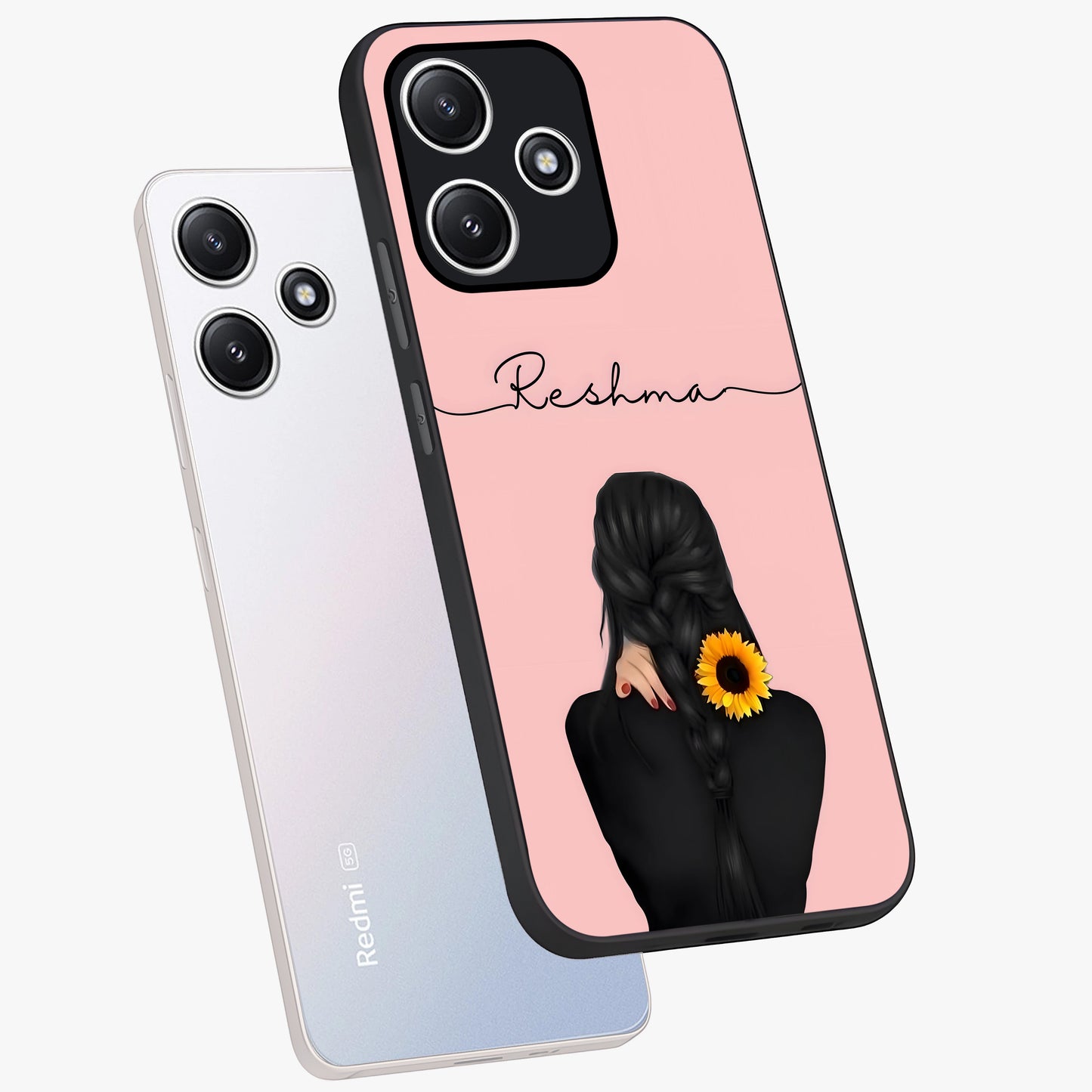 Sunflower Braid Beauty With Custom Name Glass Case displayed in angled mockup highlighting elegant sunflower design with custom name feature.