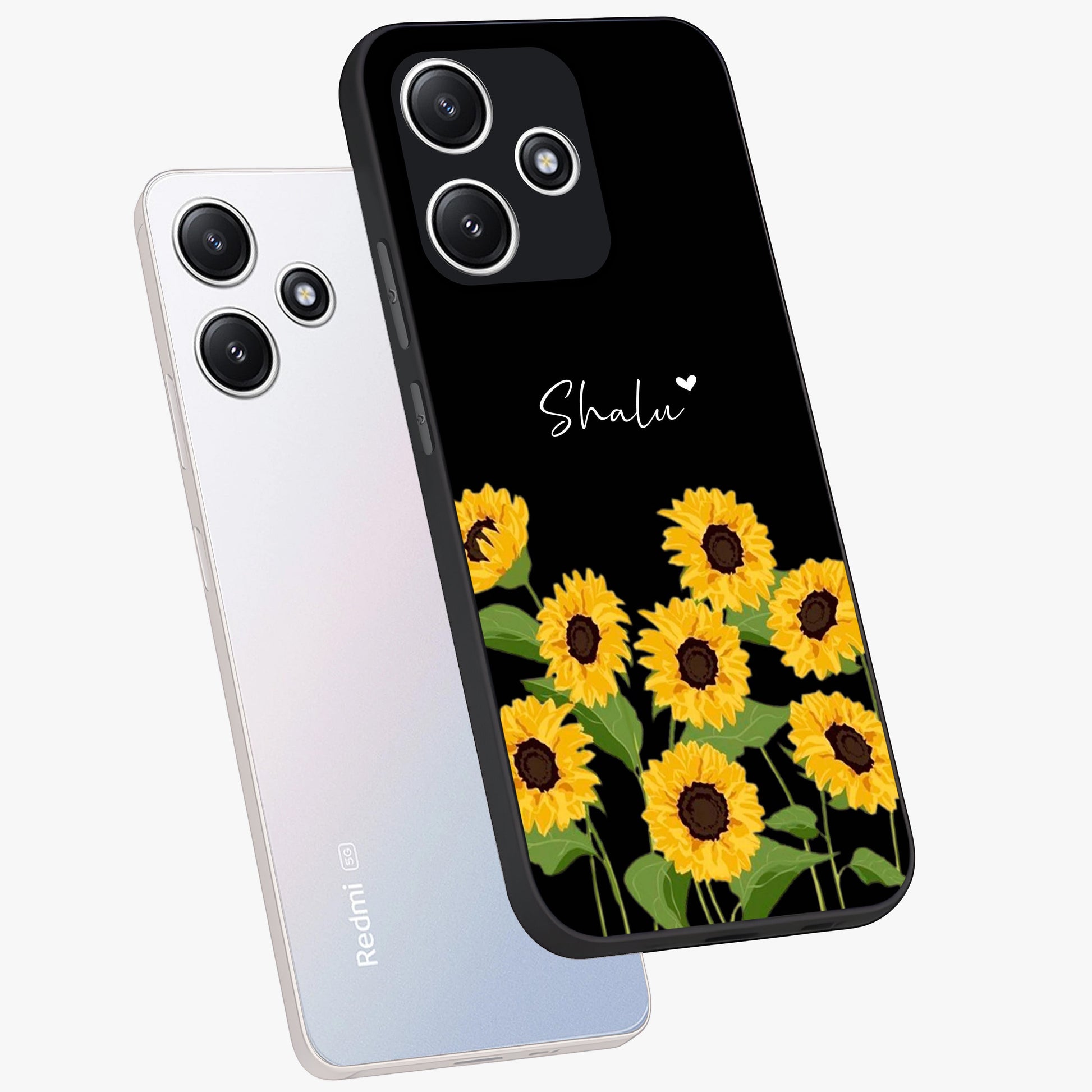 Sunflower Chic Mood Custom Name Glass Case displayed in angled mockup highlighting vibrant sunflower design with custom name feature.