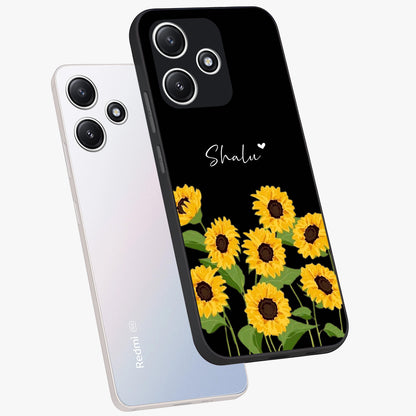 Sunflower Chic Mood Custom Name Glass Case displayed in angled mockup highlighting vibrant sunflower design with custom name feature.
