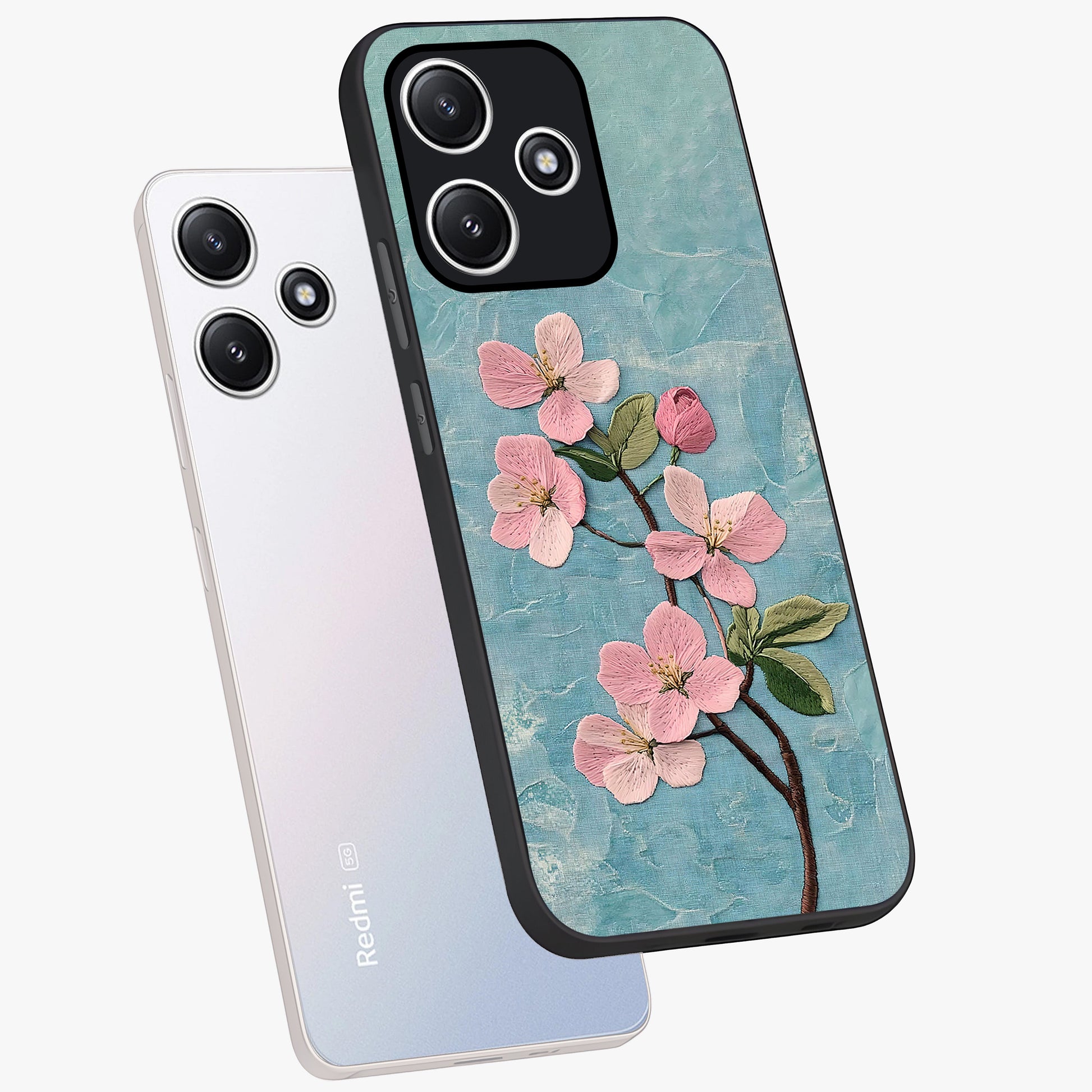 Threaded Blossom Breeze Glass Case displayed in angled mockup highlighting elegant floral design with soft aesthetic style.