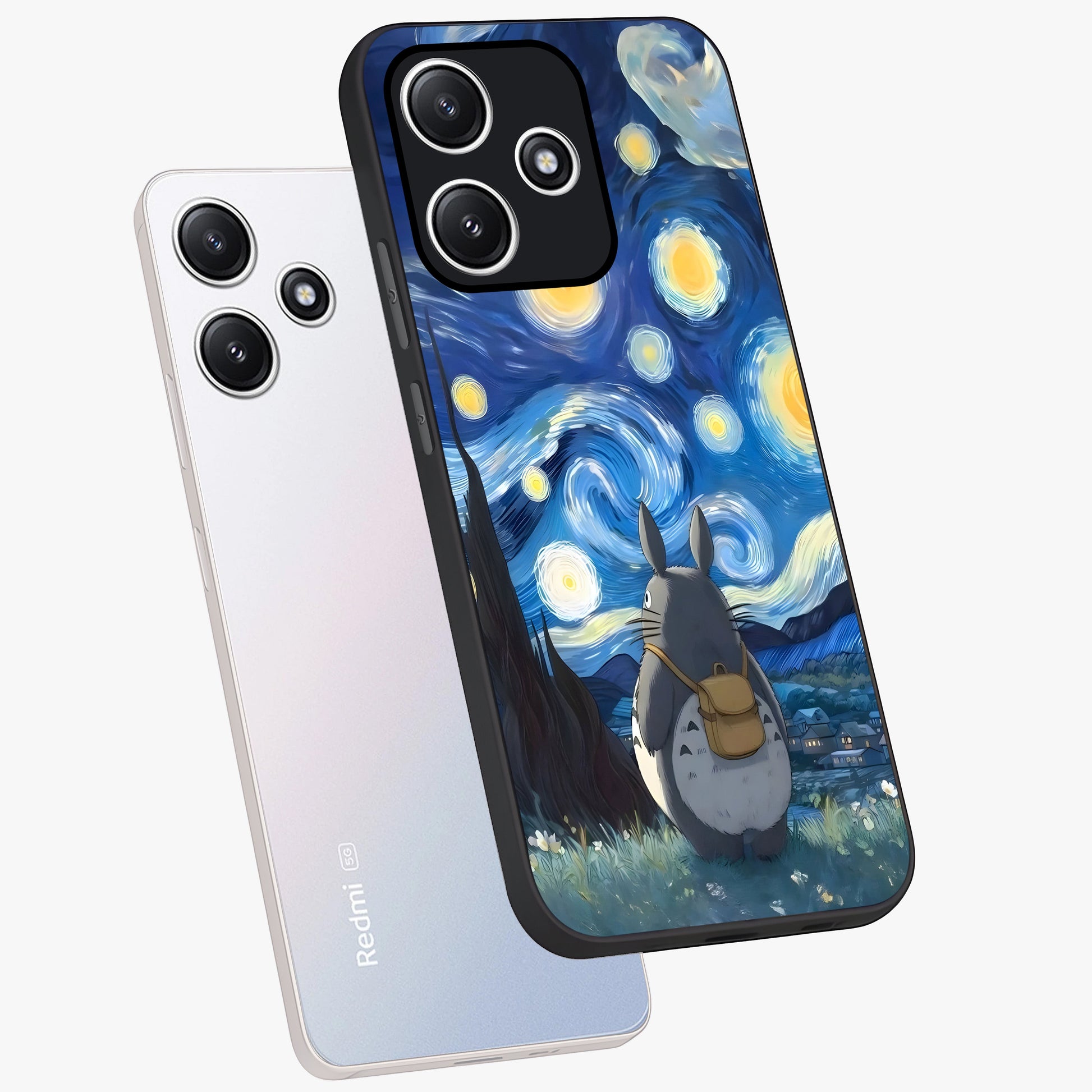 Totoro In Van Gogh Art Glass Case displayed in angled mockup highlighting artistic swirling sky design with playful animation aesthetic.