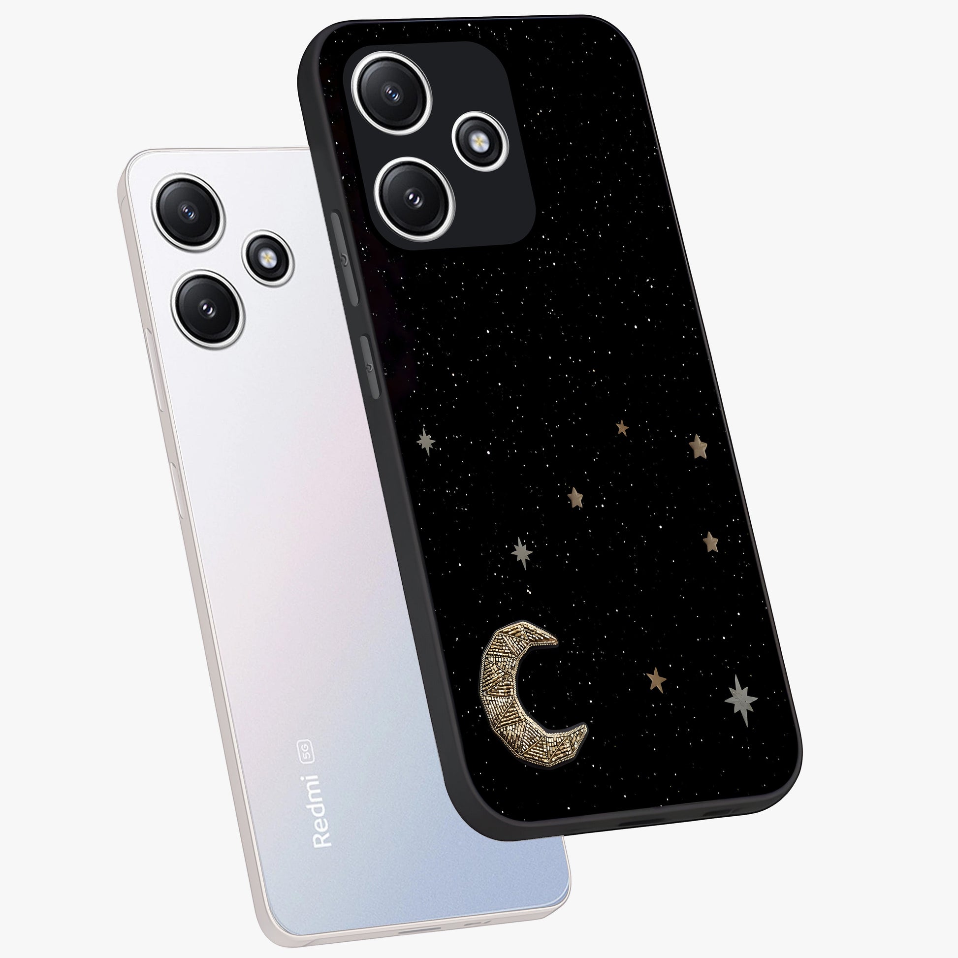 Twinkle Star With Half Moon Glass Case displayed in angled mockup highlighting celestial moon and star design with magical aesthetic.