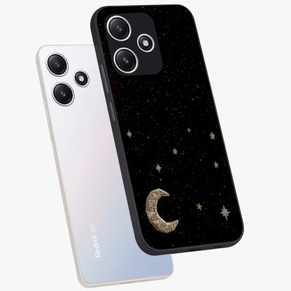 Twinkle Star With Half Moon Glass Case displayed in angled mockup highlighting celestial moon and star design with magical aesthetic.