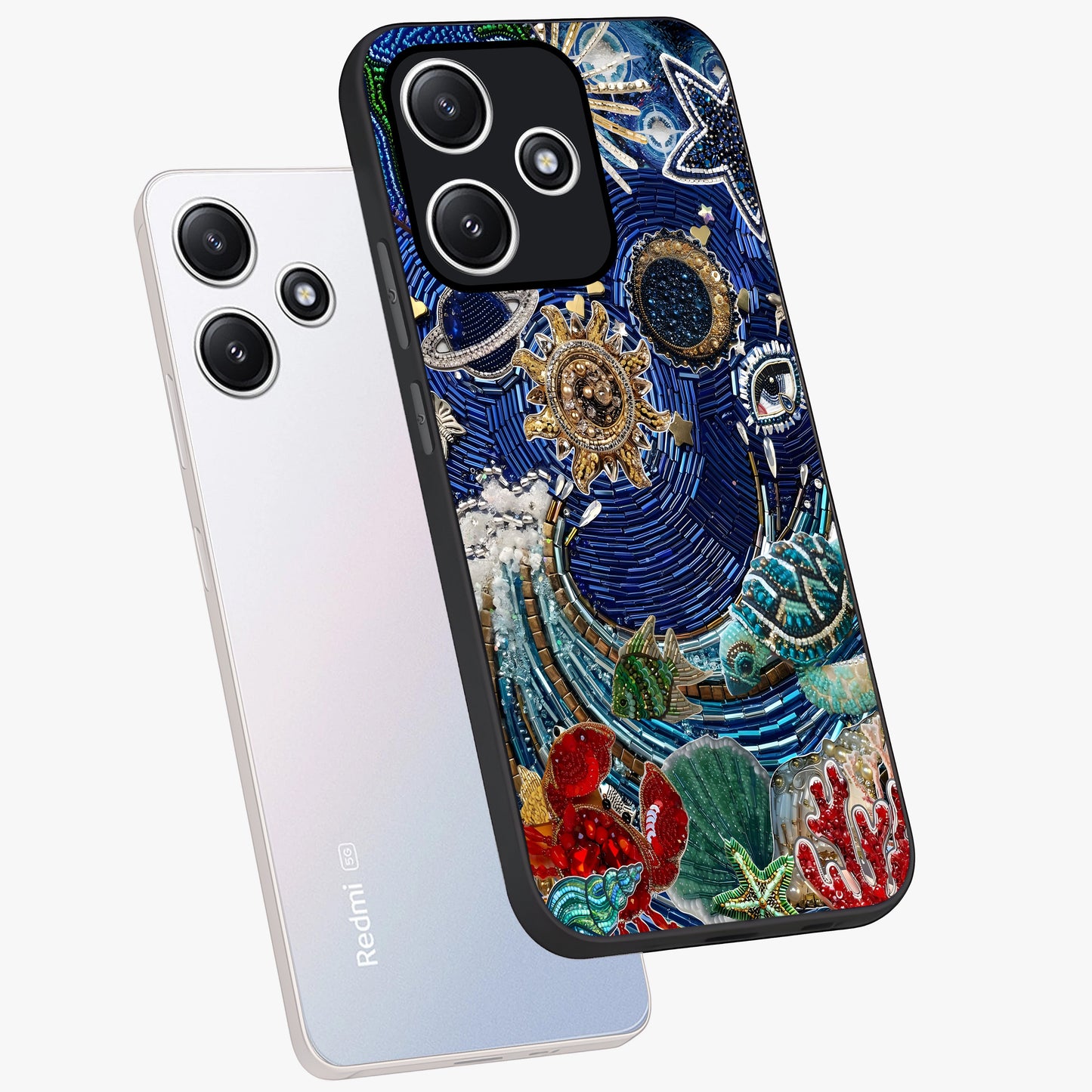 Universe Underwater Spark Glass Case displayed in angled mockup highlighting glowing aquatic design with celestial aesthetic.