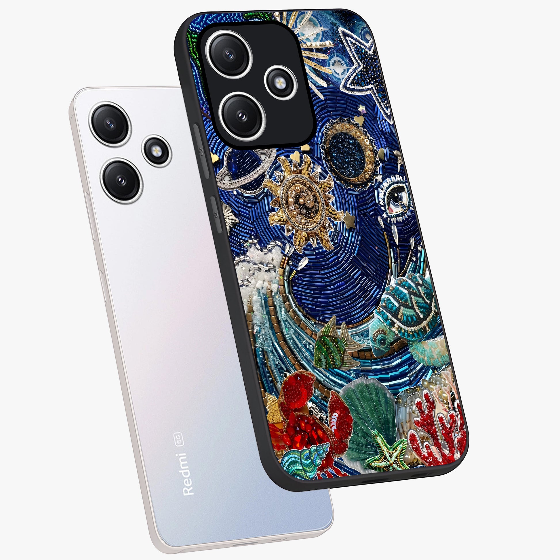 Universe Underwater Spark Glass Case displayed in angled mockup highlighting glowing aquatic design with celestial aesthetic.