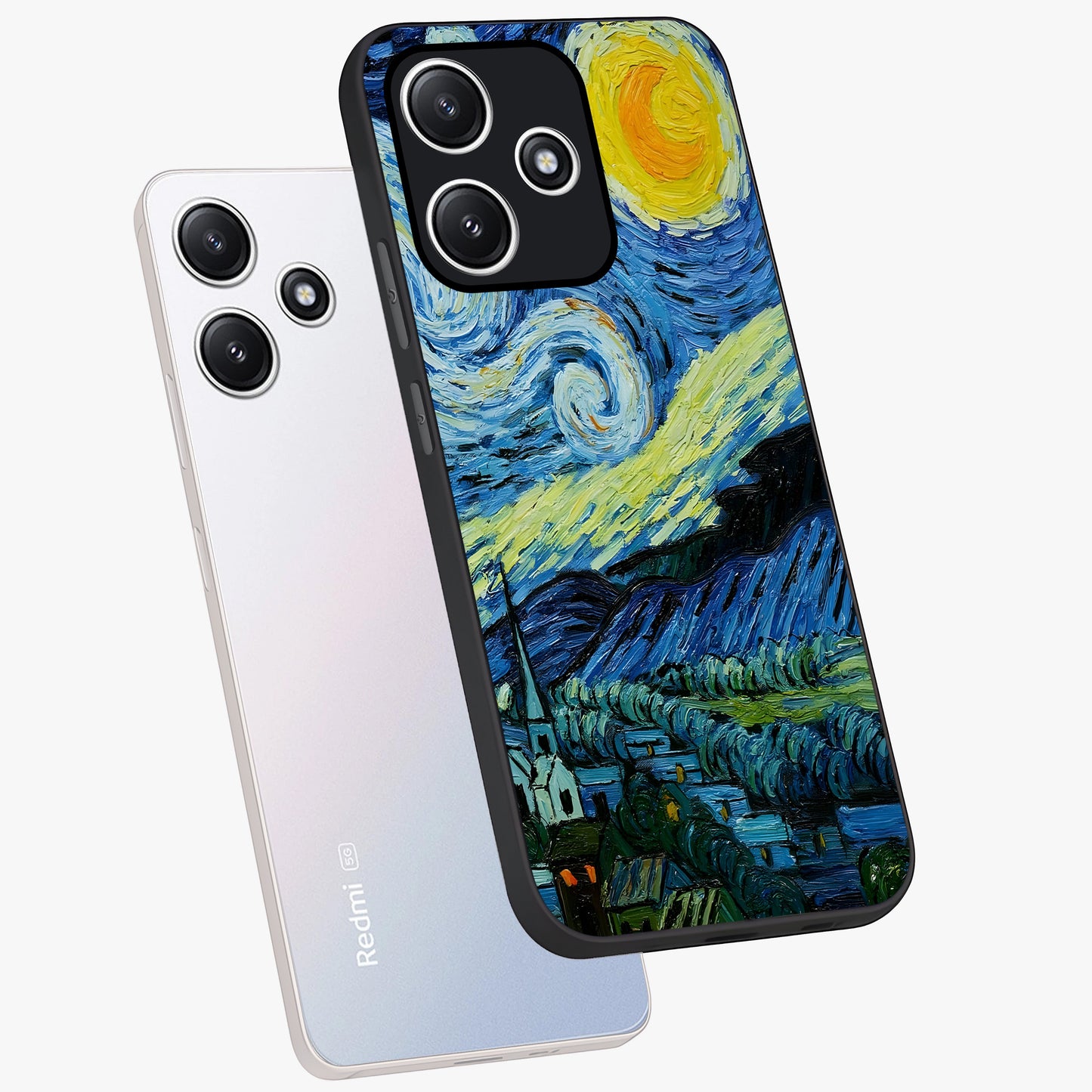 Van Gogh Art Glass Case displayed in angled mockup highlighting swirling brushstroke design with artistic aesthetic.