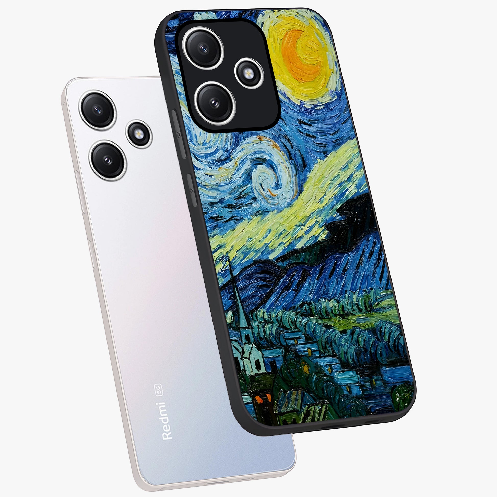 Van Gogh Art Glass Case displayed in angled mockup highlighting swirling brushstroke design with artistic aesthetic.