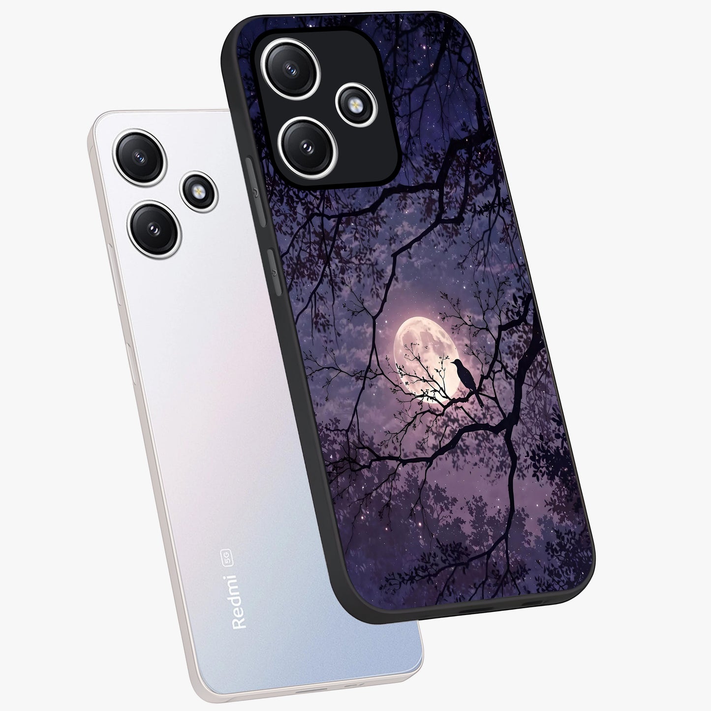 Whispering Moon Silence Glass Case displayed in angled mockup highlighting calm lunar design with dreamy night aesthetic.
