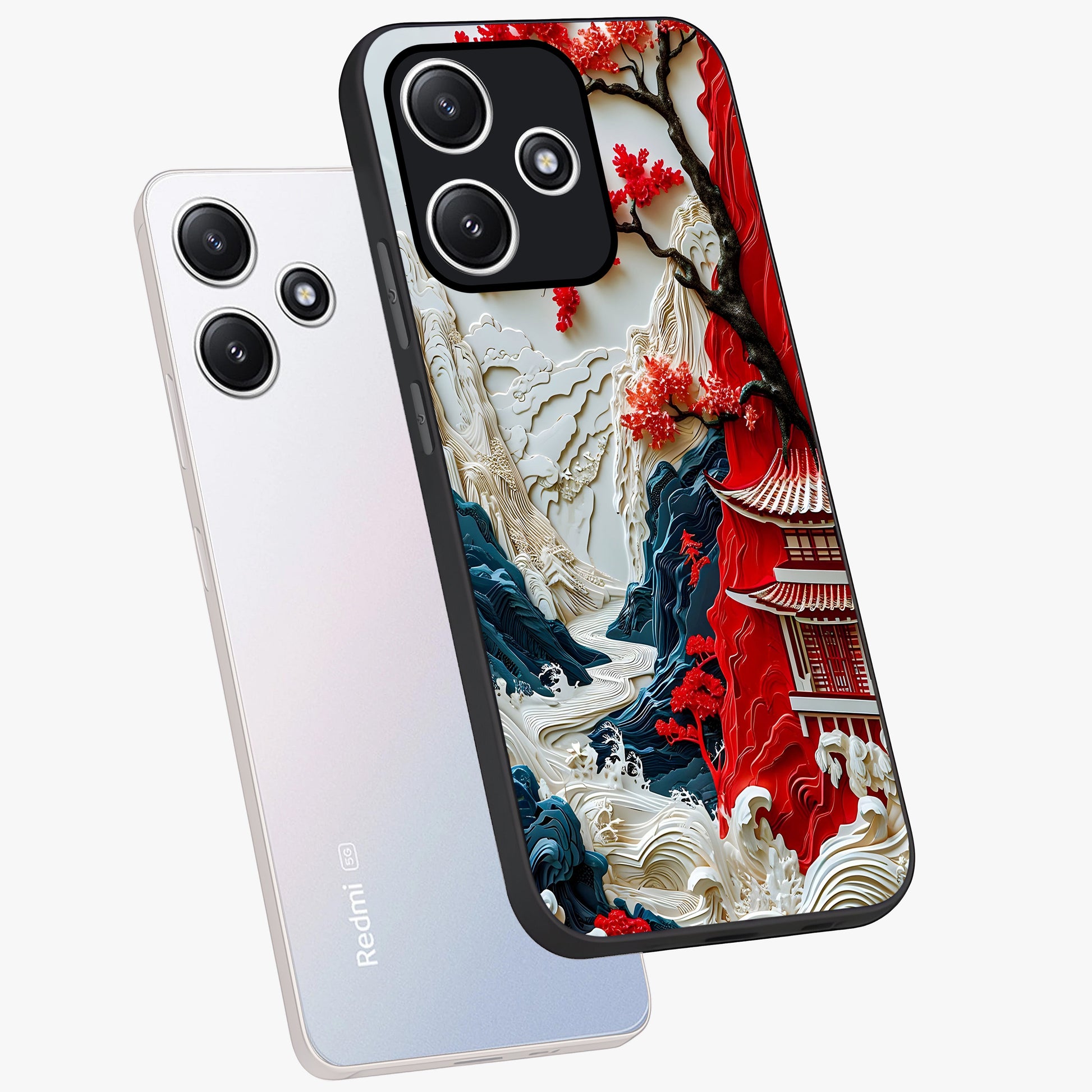 Whispers Of Sakura Waves Glass Case displayed in angled mockup highlighting flowing sakura design with soft floral aesthetic.