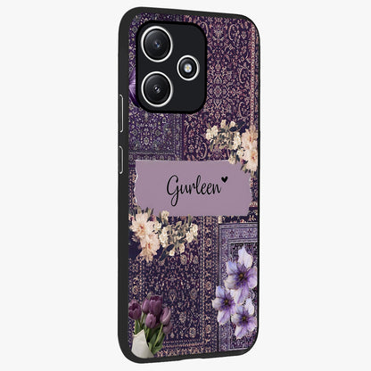 Antique Floral Whisper Custom Name Glass Case upright view showcasing delicate floral artwork with custom name feature.