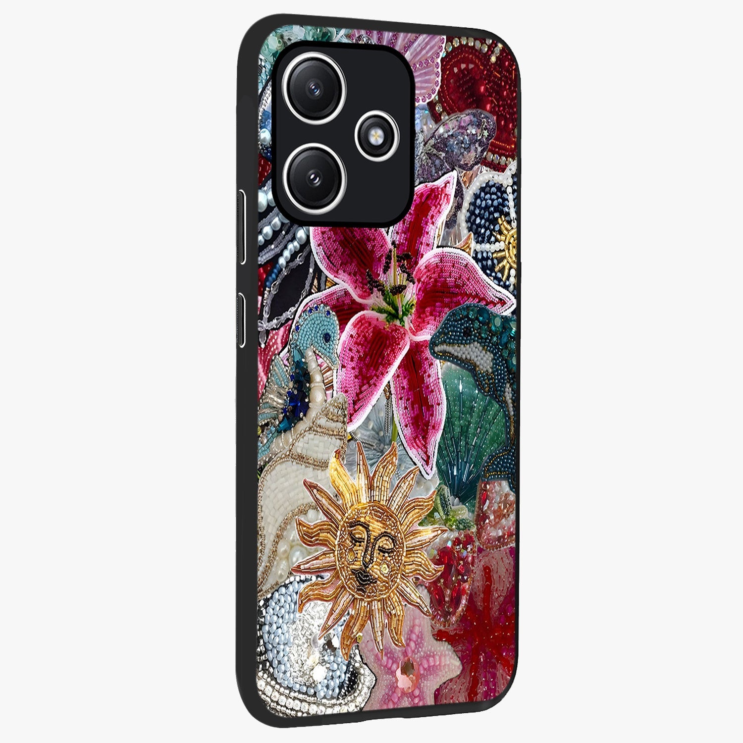 Beaded Garden Fantasy Glass Case upright view showcasing whimsical garden aesthetic with artistic bead details.