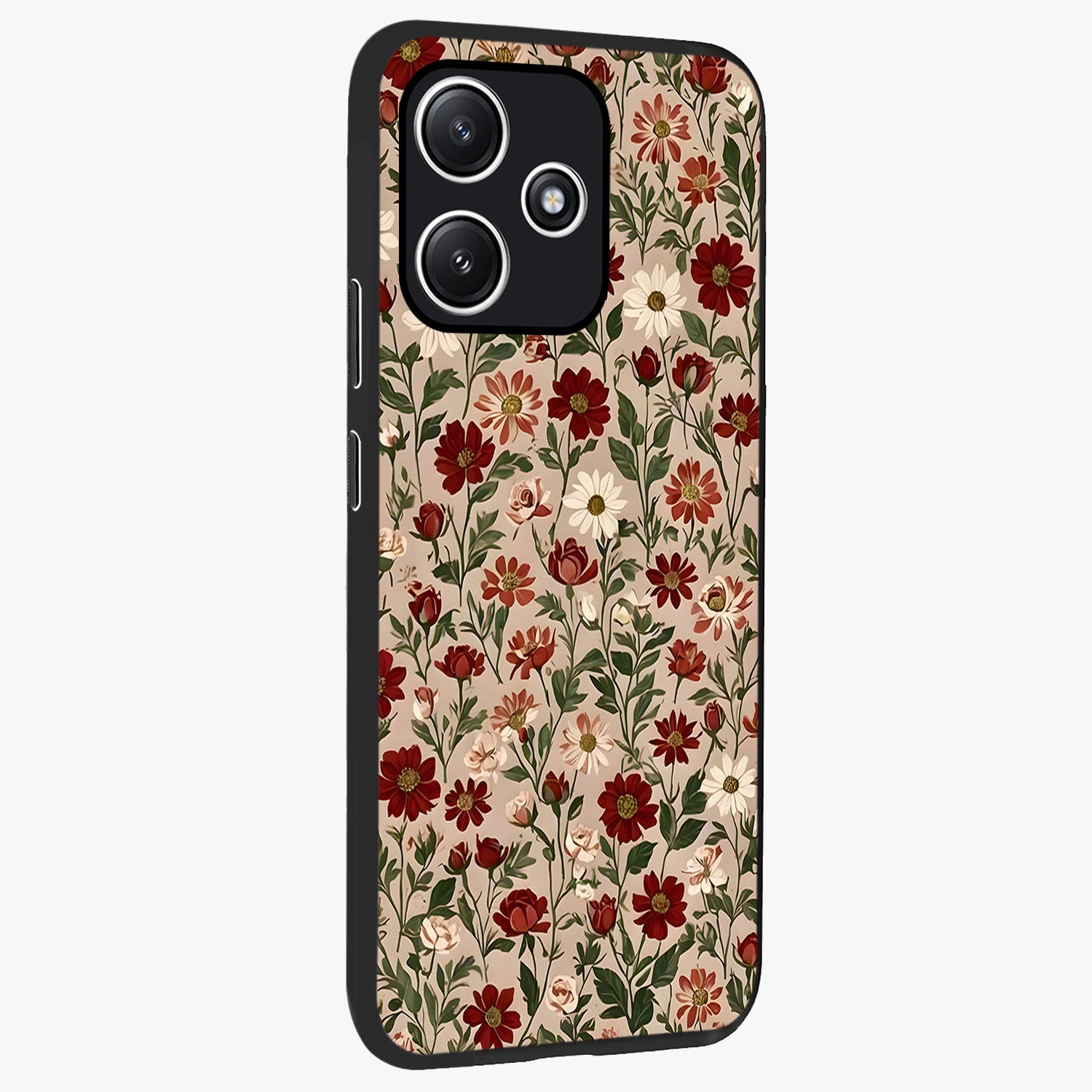 Biege Flower With Leaf Glass Case upright view showcasing delicate beige flower illustration with clean botanical style.