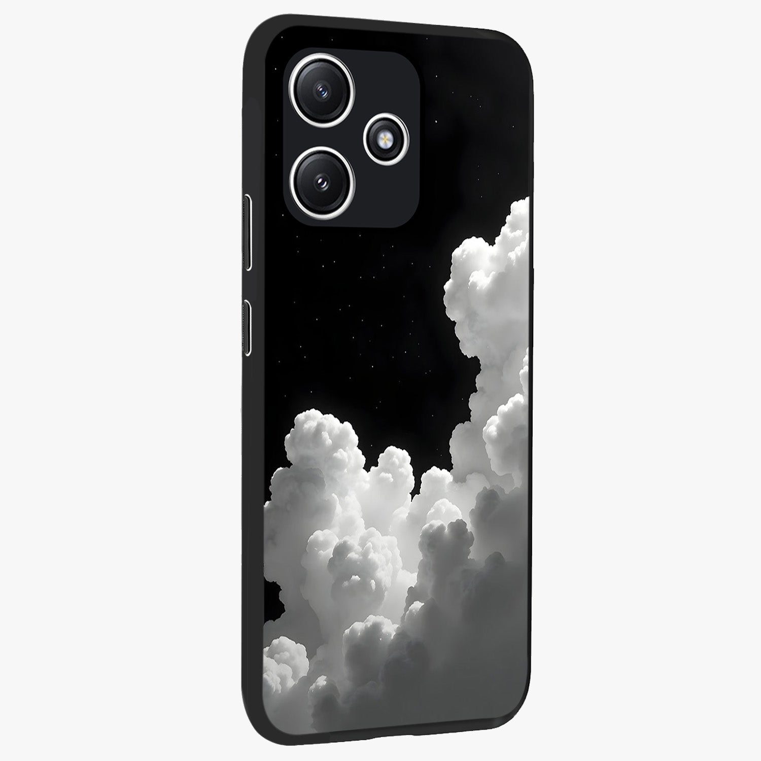 Black Background With White Cloud Glass Case upright view showcasing calm cloud aesthetic with modern minimal style.
