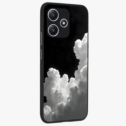 Black Background With White Cloud Glass Case upright view showcasing calm cloud aesthetic with modern minimal style.