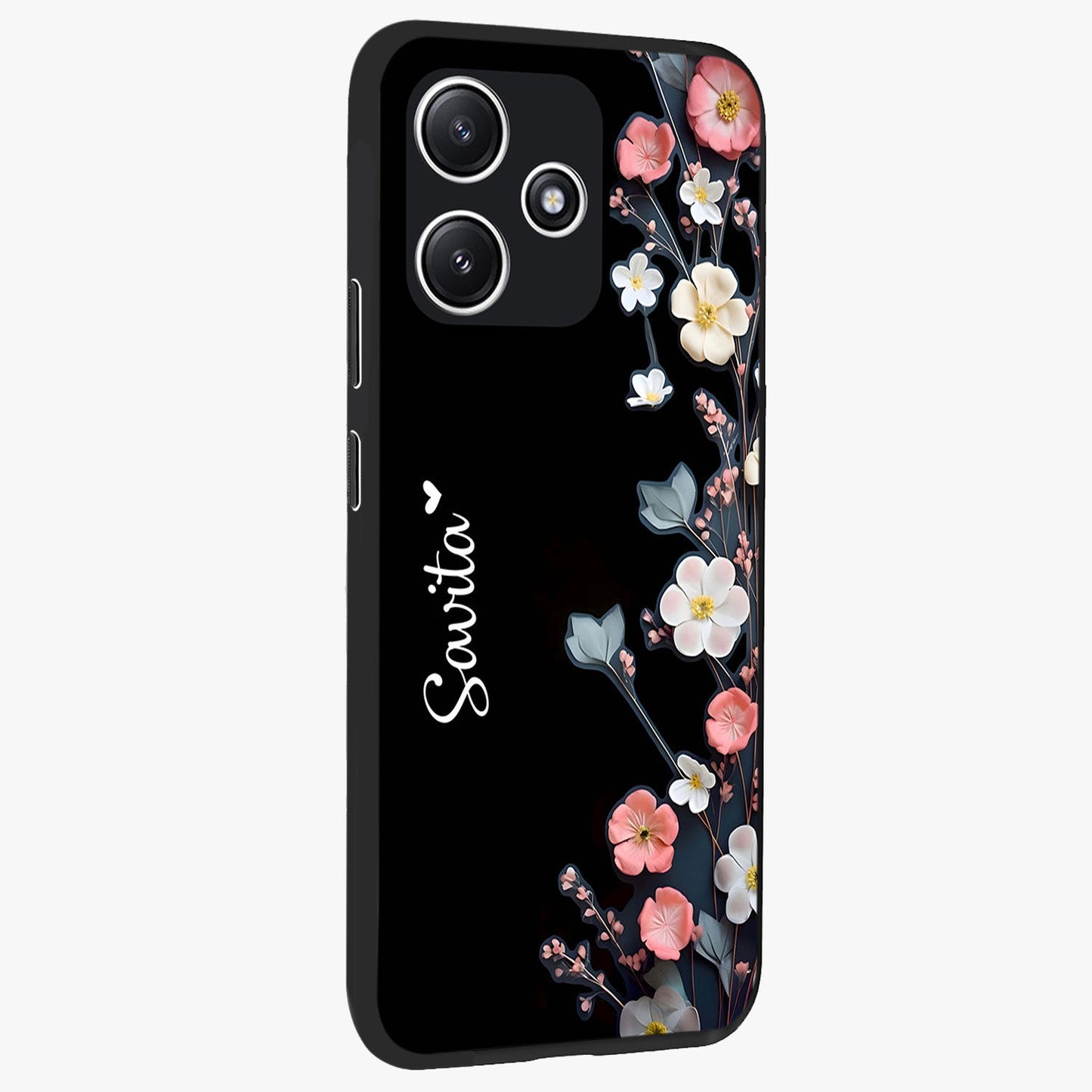 Black Elegance Floral Custom Name Glass Case upright view showcasing luxurious black floral design with personalized name detail.