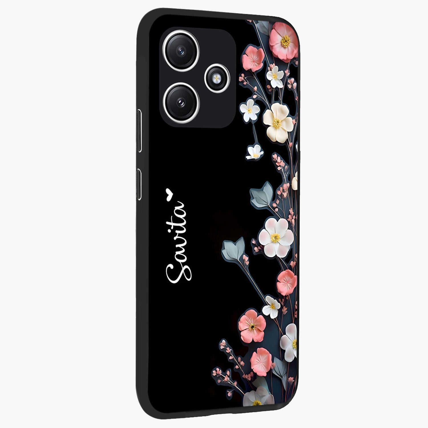 Black Elegance Floral Custom Name Glass Case upright view showcasing luxurious black floral design with personalized name detail.