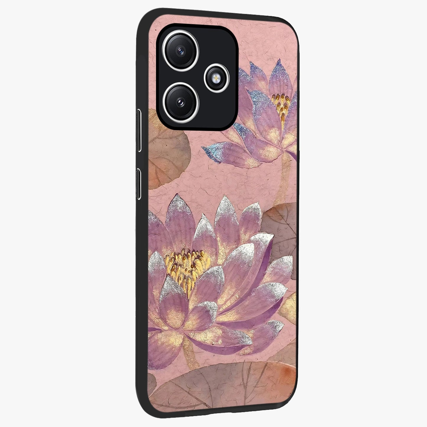 Blossom Mist Lotus Glass Case upright view showcasing graceful lotus flower design with peaceful botanical style.