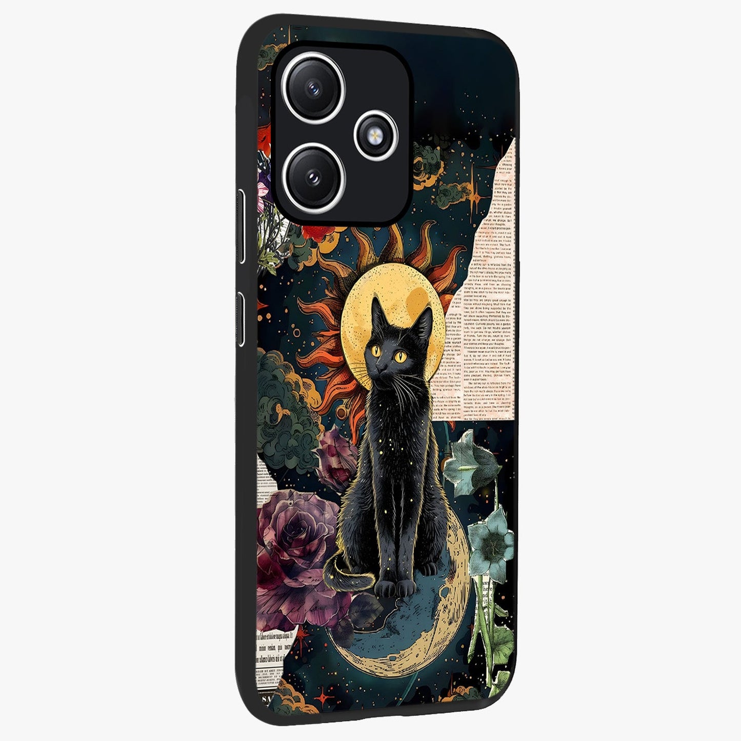 Celestial Black Cat Glass Case upright view showcasing magical black cat illustration with starry cosmic theme.