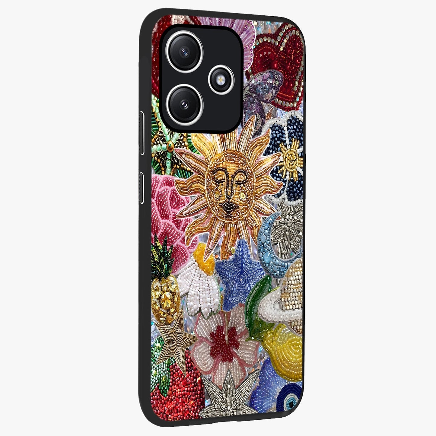 Celestial Floral and Playful Glass Case upright view showcasing whimsical floral artwork with cosmic aesthetic theme.