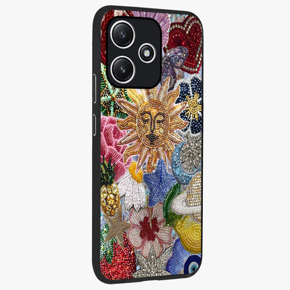 Celestial Floral and Playful Glass Case upright view showcasing whimsical floral artwork with cosmic aesthetic theme.