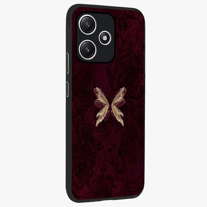 Crimson Fade Butterfly Glass Case upright view showcasing graceful butterfly artwork with soft crimson fade effect.