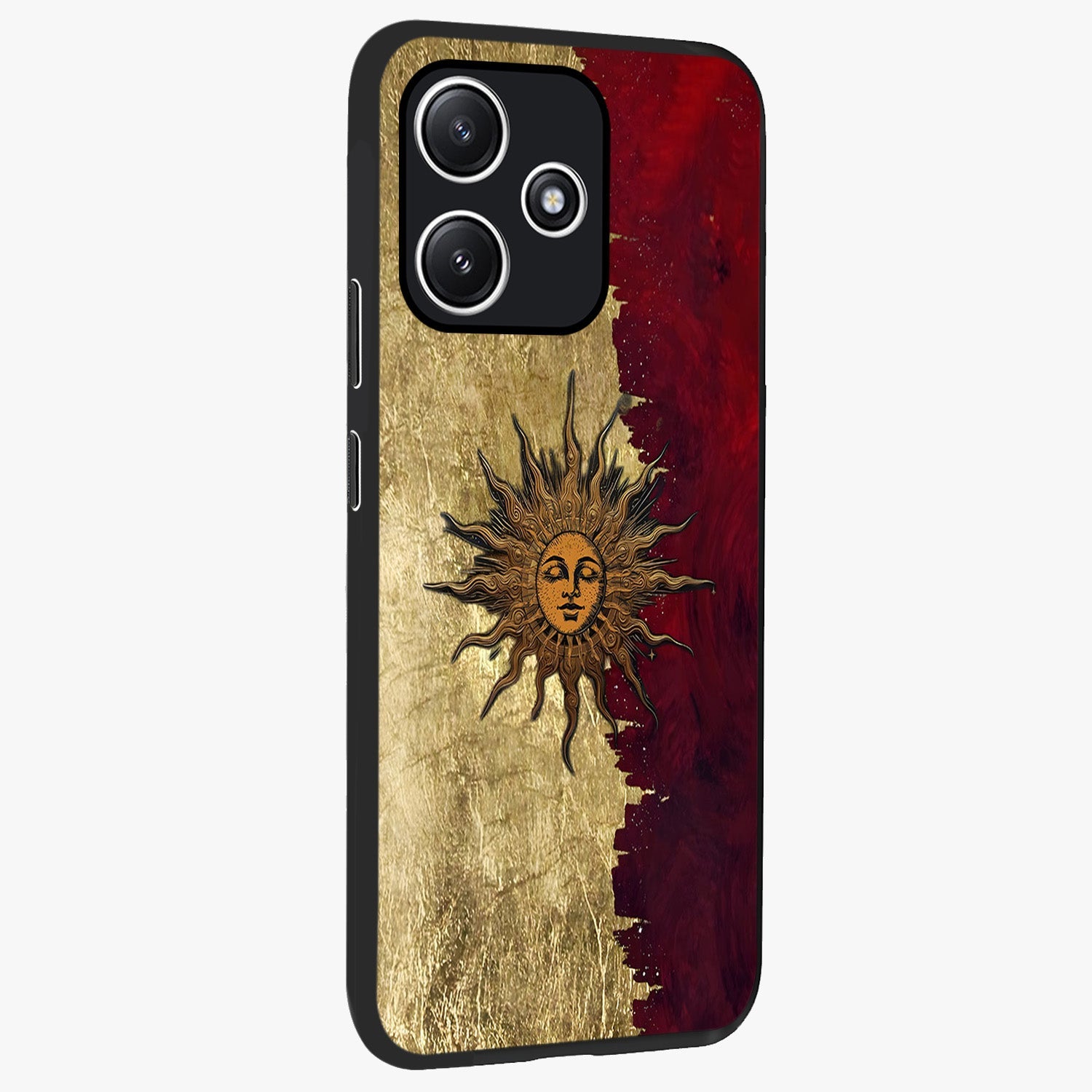 Crimson Sun Majesty Glass Case upright view showcasing vibrant sun artwork with powerful celestial theme.