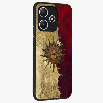 Crimson Sun Majesty Glass Case upright view showcasing vibrant sun artwork with powerful celestial theme.