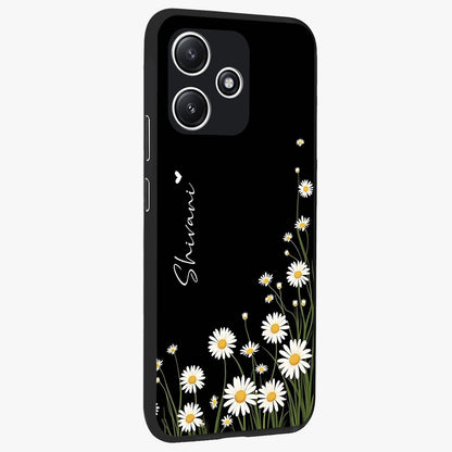 Daisy Cascade Custom Name Glass Case upright view showcasing elegant floral cascade design with personalized aesthetic.
