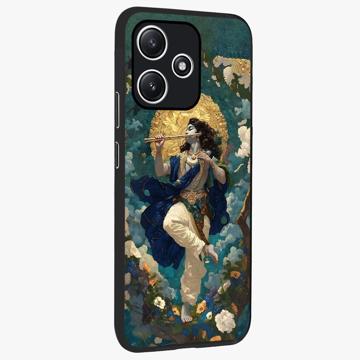 Divine Krishna Art Glass Case upright view showcasing divine Krishna artwork with sacred artistic theme.