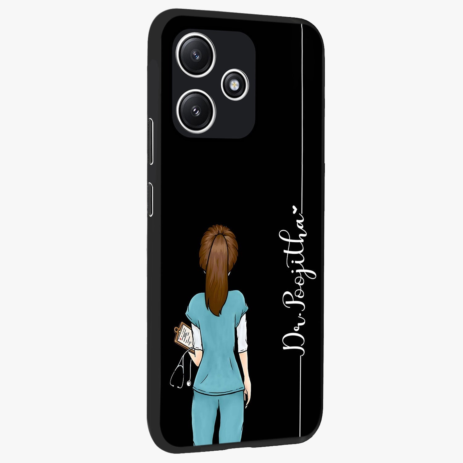Doctor Pattern Custom Name Glass Case upright view showcasing healthcare themed design with personalized aesthetic.