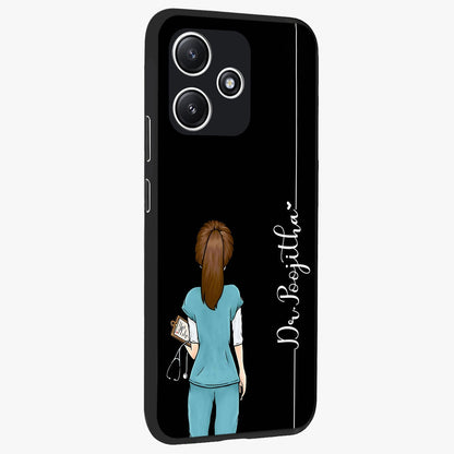 Doctor Pattern Custom Name Glass Case upright view showcasing healthcare themed design with personalized aesthetic.