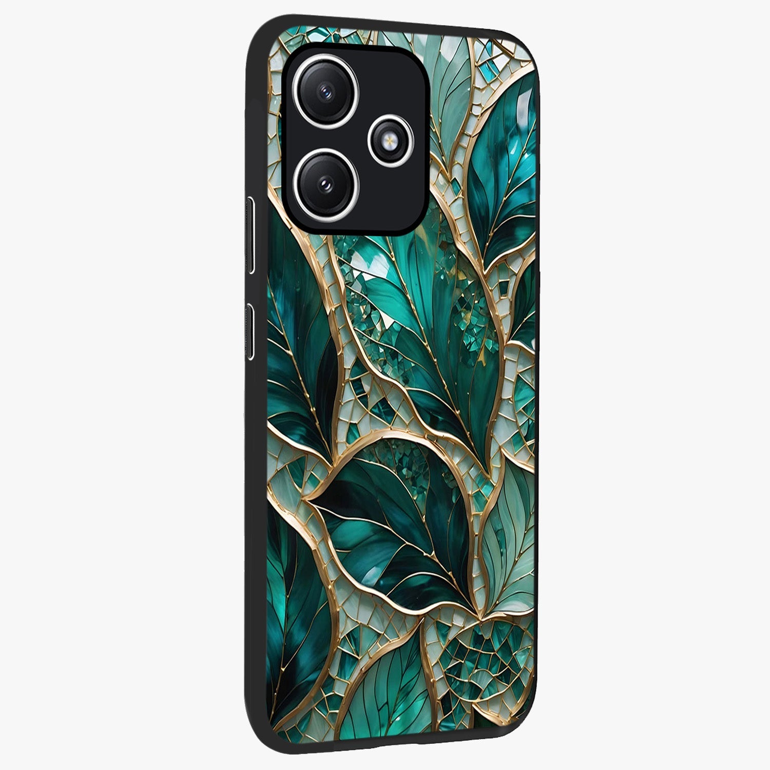 Emerald Leaf Glass Glass Case upright view showcasing fresh green leaf artwork with calming nature inspired style.