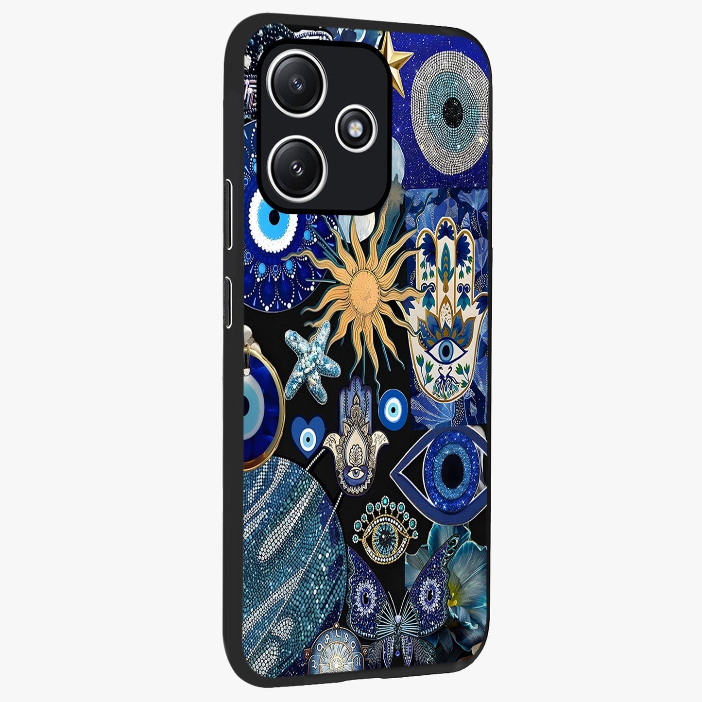 Evil Eye Charm Mix Glass Case upright view showcasing mystical evil eye pattern with vibrant decorative style.