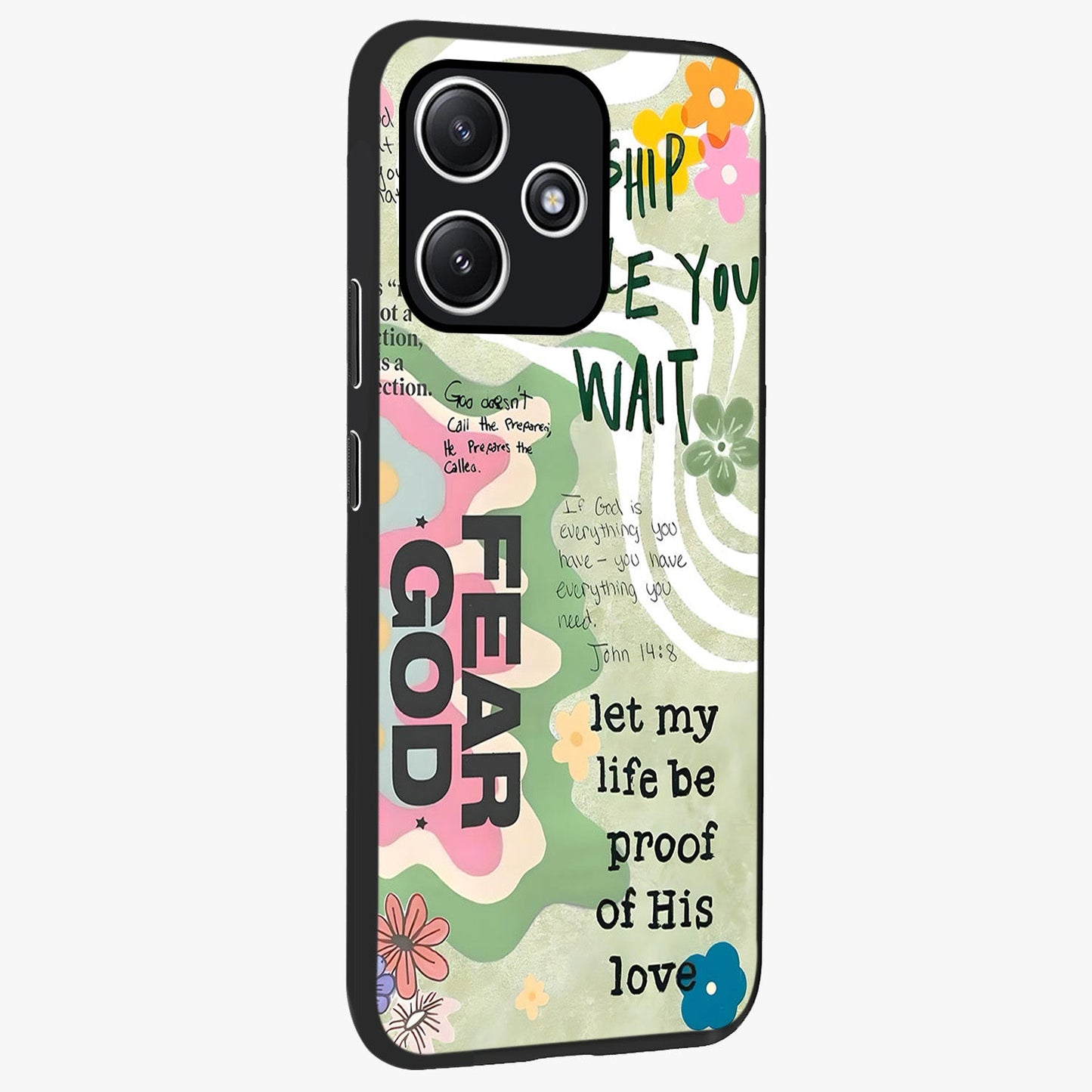 Faith Over Fear Glass Case upright view showcasing bold typography artwork with uplifting motivational theme.