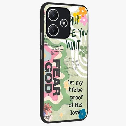 Faith Over Fear Glass Case upright view showcasing bold typography artwork with uplifting motivational theme.