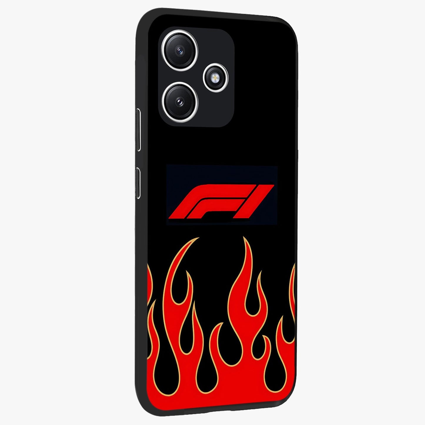 Fire F11 Glass Case upright view showcasing dynamic flame artwork with intense visual theme.
