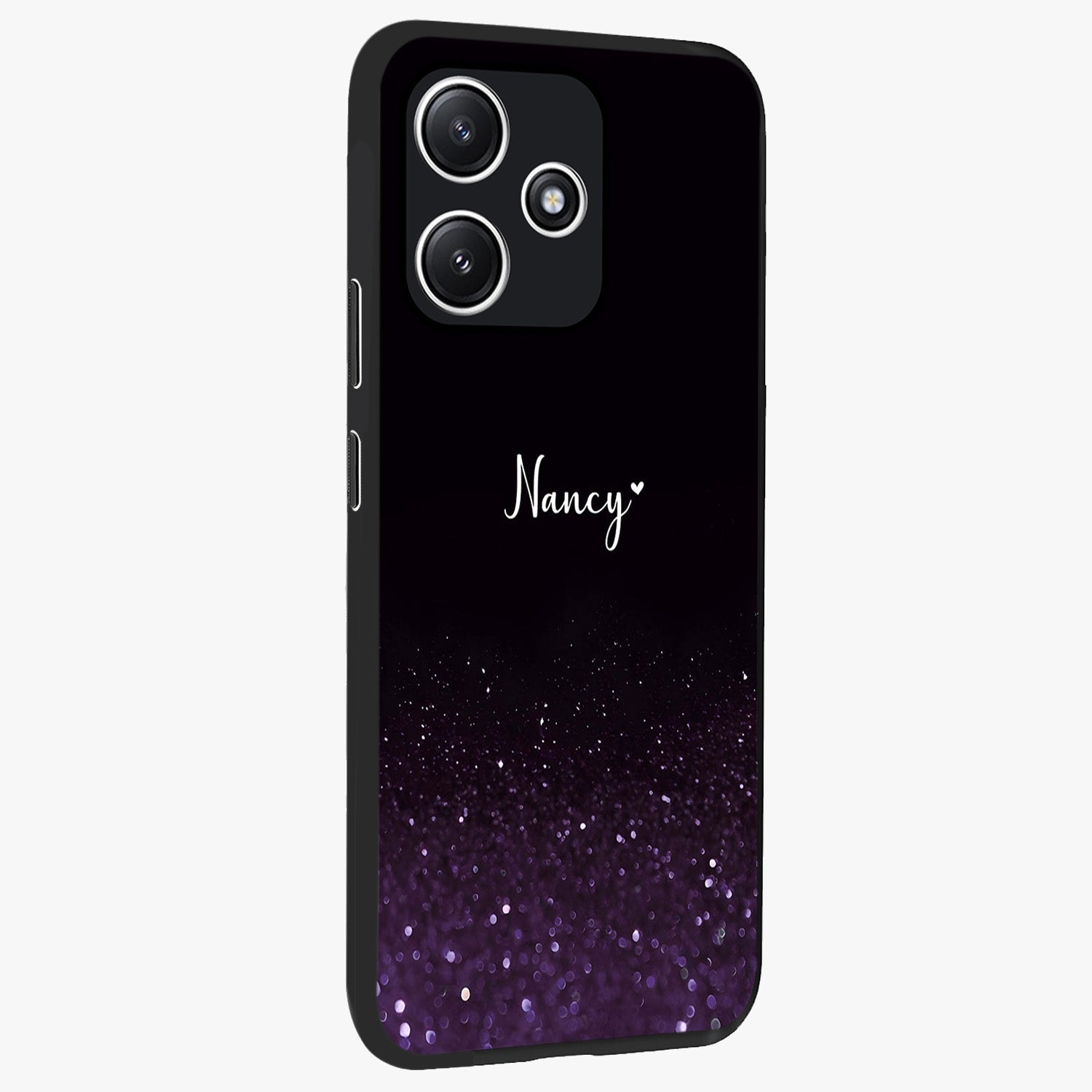 Glittery Purple Bokeh Custom Name Glass Case upright view showcasing vibrant purple sparkle artwork with personalized aesthetic style.