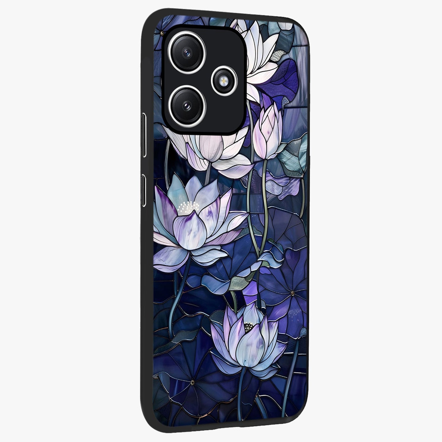 Gloss Petal Rush Glass Case upright view showcasing dynamic floral petal artwork with modern botanical theme.