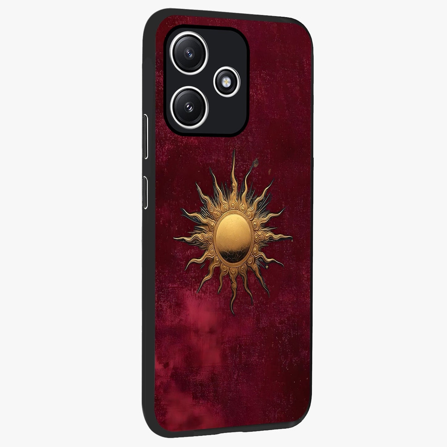 Golden Sun Minimalism Glass Case upright view showcasing simple golden sun artwork with elegant minimalist style.