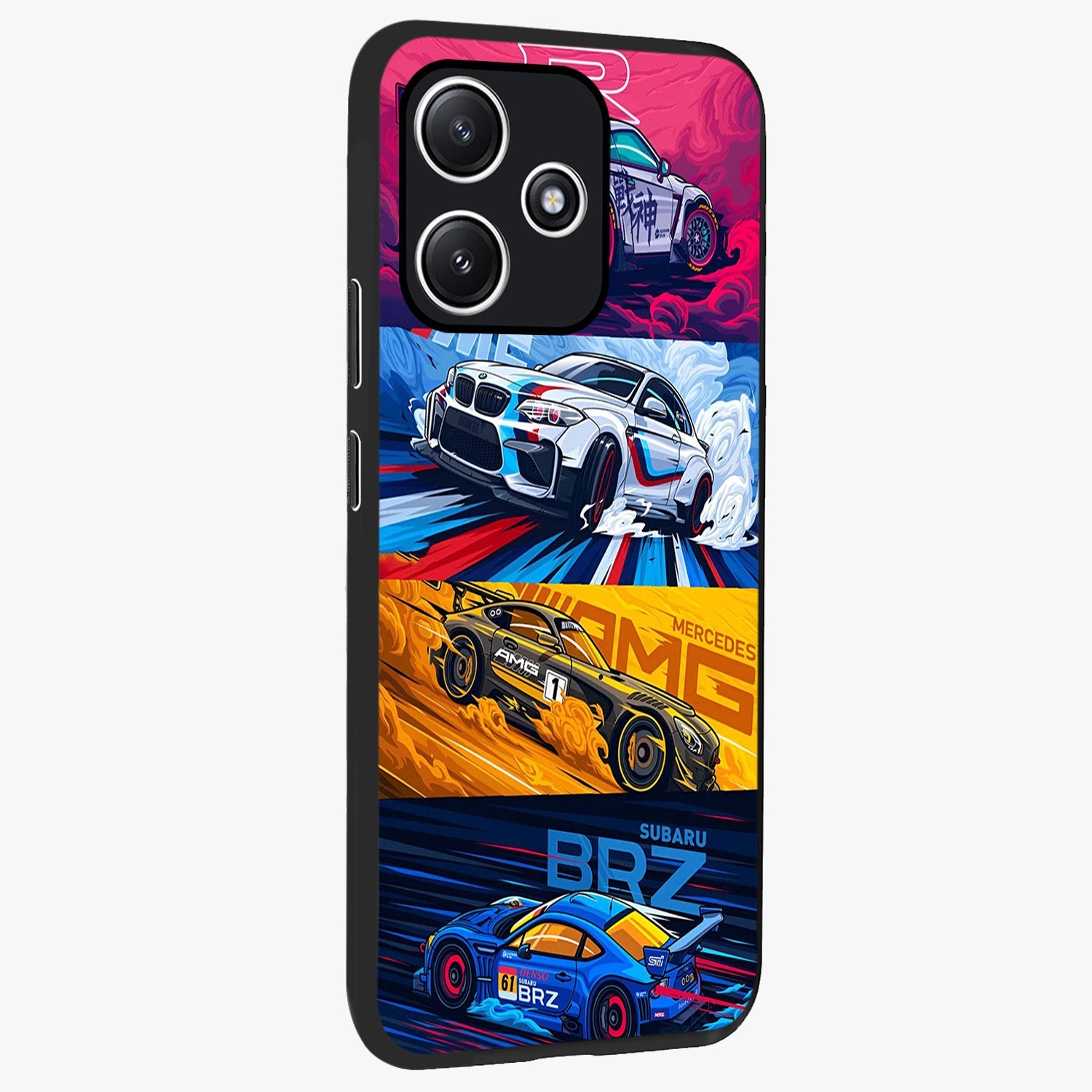 JDM Sports Car Glass Case upright view showcasing dynamic sports car artwork with bold racing theme.