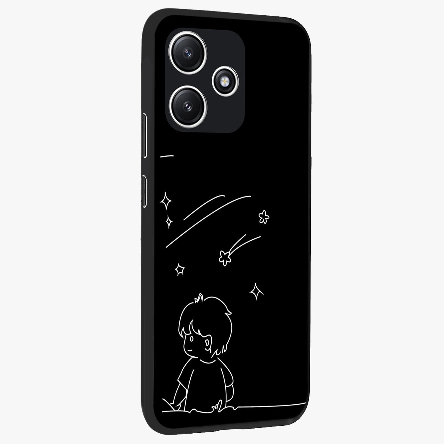 Line Art Boy With Shooting Stars Glass Case upright view showcasing artistic shooting star illustration with minimal style.