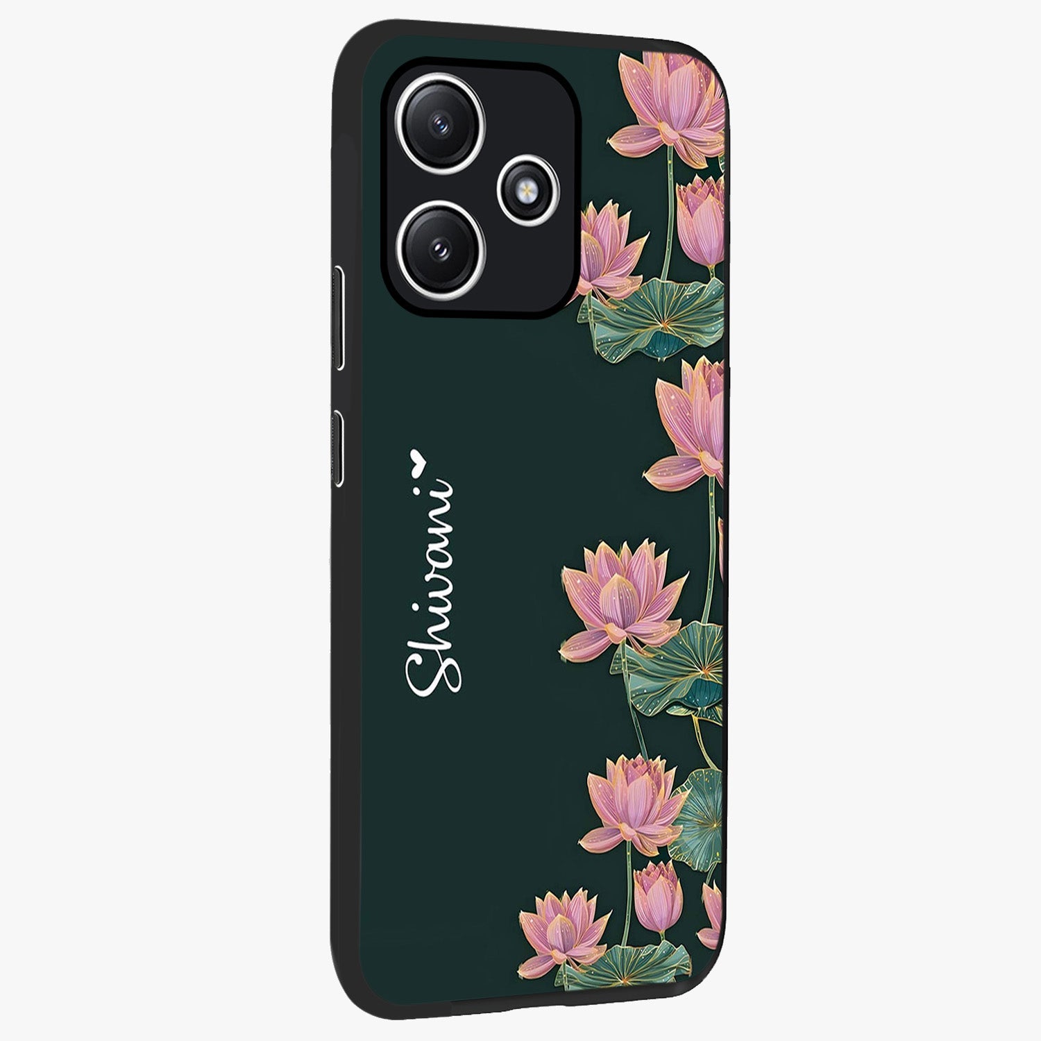 Lotus Bloom Serenity Custom Name Glass Case upright view showcasing serene lotus bloom artwork with personalized floral aesthetic.