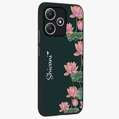 Lotus Bloom Serenity Custom Name Glass Case upright view showcasing serene lotus bloom artwork with personalized floral aesthetic.