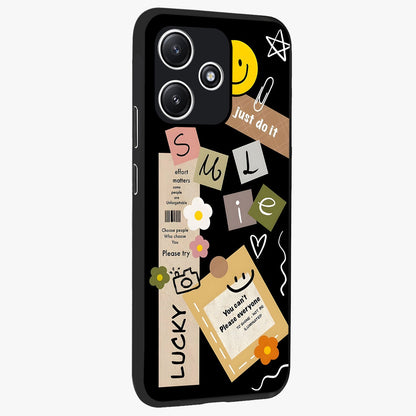 Lucky Aesthetic Collage Glass Case upright view showcasing vibrant collage artwork with youthful aesthetic theme.