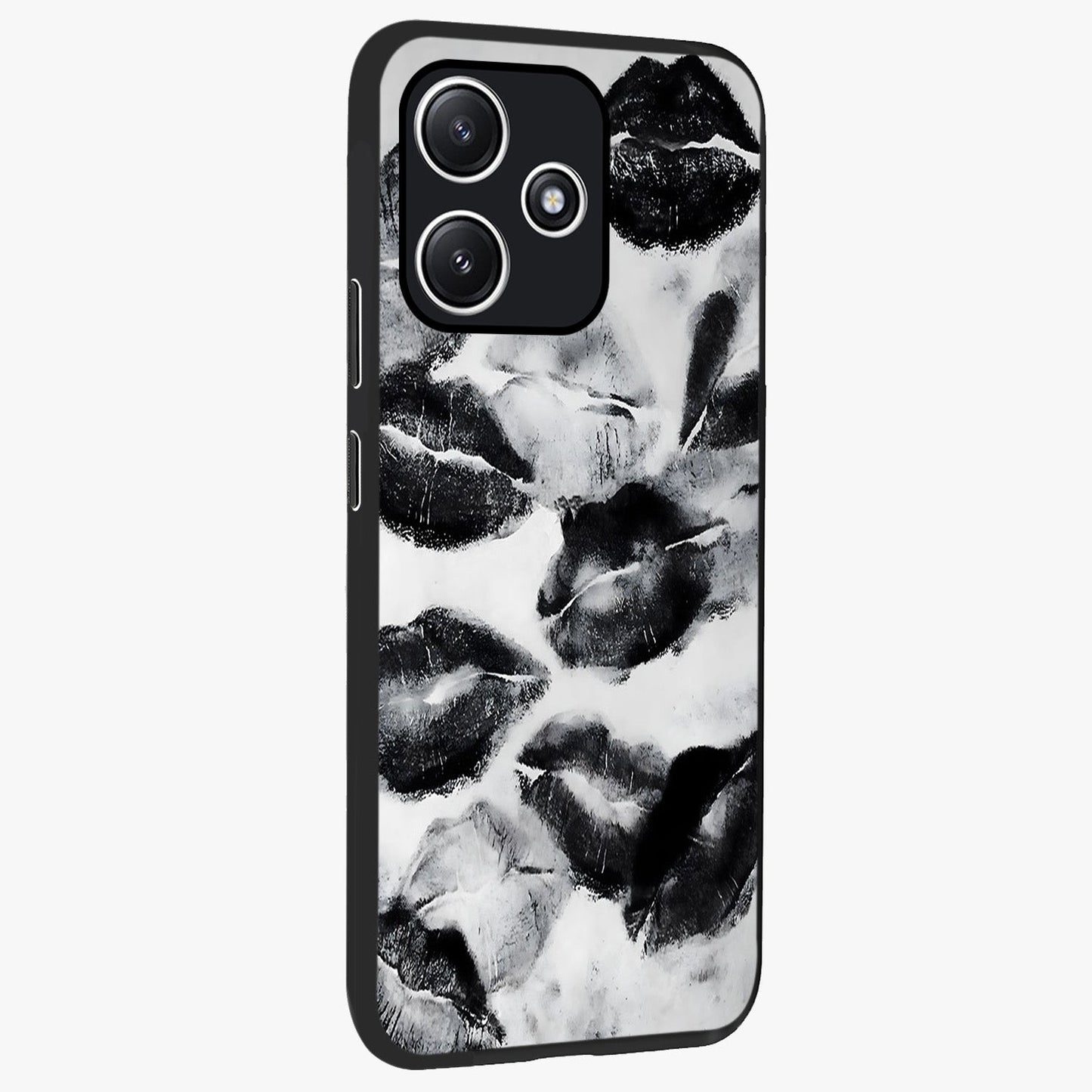 Midnight Kiss Marks Glass Case upright view showcasing stylish kiss mark artwork with trendy romantic theme.