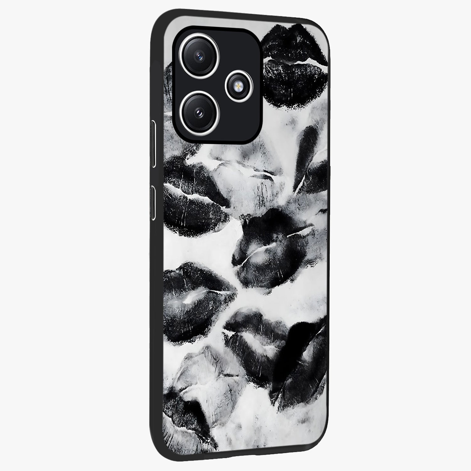 Midnight Kiss Marks Glass Case upright view showcasing stylish kiss mark artwork with trendy romantic theme.